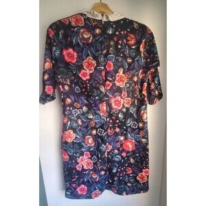 Vibrant Hibiscus Floral Navy Dress w/ Collar - Boho Chic